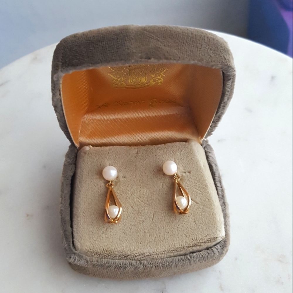 🌙Vintage 14k Gold Hanging Basket Double Pearl Cage Earrings in Box